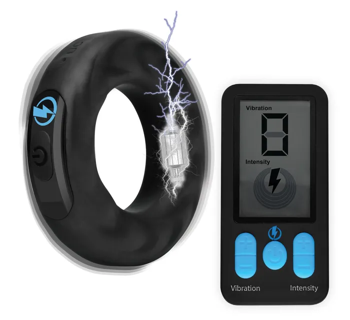 XR Brands Zeus Electrosex EStim Pro Silicone Cock Ring With Remote Black Male Sex Toys