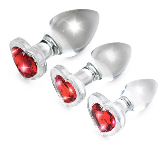 XR Brands Anal Red Heart Gem Glass Anal Plug Set